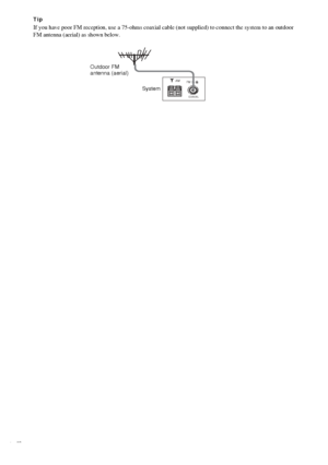 Page 1818GB
Tip
If you have poor FM reception, use a 75-ohms coaxial cable (not supplied) to connect the system to an outdoor 
FM antenna (aerial) as shown below.
COAXIAL
AMFM 75
Outdoor FM 
antenna (aerial)
System
 