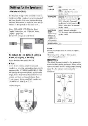 Page 7676GB
To obtain the best possible surround sound, set 
for the size of the speakers you have connected 
and their distance from your listening position. 
Then use the test tone to adjust the level and the 
balance of the speakers to the same level.
Select [SPEAKER SETUP] in the Setup 
Display. For details, see “Using the Setup 
Display” (page 71).
The default settings are underlined.
To return to the default setting 
when changing a setting
Select the item, then press CLEAR.
xSIZE
If you do not connect...