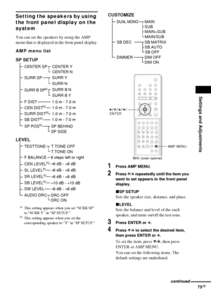 Page 79Settings and Adjustments
79GB
Setting the speakers by using 
the front panel display on the 
system
You can set the speakers by using the AMP 
menu that is displayed in the front panel display.
AMP menu list
1Press AMP MENU.
2Press X/x repeatedly until the item you 
want to set appears in the front panel 
display.
xSP SETUP
Sets the speaker size, distance, and place.
xLEVEL
Sets the balance and level of the each 
speaker, and turns on/off the test tone.
3Press ENTER or c.
4Press X/x to select the desired...