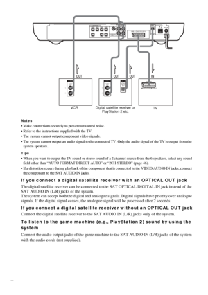 Page 2020GB
Notes
 Make connections securely to prevent unwanted noise.
 Refer to the instructions supplied with the TV.
 The system cannot output component video signals.
 The system cannot output an audio signal to the connected TV. Only the audio signal of the TV is output from the 
system speakers.
Tips
 When you want to output the TV sound or stereo sound of a 2 channel source from the 6 speakers, select any sound 
field other than “AUTO FORMAT DIRECT AUTO” or “2CH STEREO” (page 46).
 If a distortion...