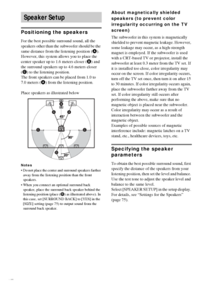 Page 2424GB
Positioning the speakers
For the best possible surround sound, all the 
speakers other than the subwoofer should be the 
same distance from the listening position (A). 
However, this system allows you to place the 
center speaker up to 1.6 meters closer (B) and 
the surround speakers up to 4.6 meters closer 
(C) to the listening position.
The front speakers can be placed from 1.0 to 
7.0 meters (A) from the listening position.
Place speakers as illustrated below
Notes
 Do not place the center and...