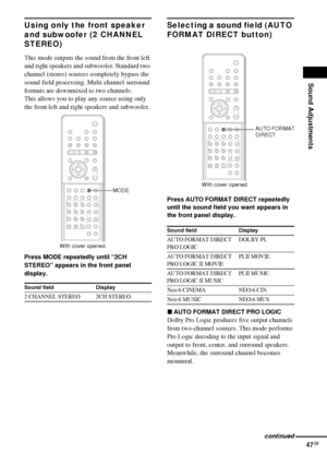 Page 47Sound Adjustments
47GB
Using only the front speaker 
and subwoofer (2 CHANNEL 
STEREO)
This mode outputs the sound from the front left 
and right speakers and subwoofer. Standard two 
channel (stereo) sources completely bypass the 
sound field processing. Multi channel surround 
formats are downmixed to two channels.
This allows you to play any source using only 
the front left and right speakers and subwoofer.
Press MODE repeatedly until “2CH 
STEREO” appears in the front panel 
display.
Selecting a...
