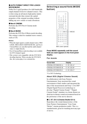 Page 4848GB
xAUTO FORMAT DIRECT PRO LOGICII 
MOVIE/MUSIC
Dolby Pro LogicII produces five full-bandwidth 
output channels from two-channel sources. This 
is done using an advanced, high-purity matrix 
surround decoder that extracts the spatial 
properties of the original recording without 
adding any new sounds or tonal colorations.
xNeo:6 CINEMA
Performs the DTS Neo:6 Cinema mode 
decoding.
xNeo:6 MUSIC
Performs the DTS Neo:6 Music mode decoding. 
This setting is ideal for standard stereo sources, 
such as...