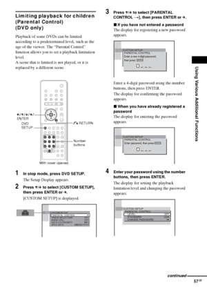 Page 57Using Various Additional Functions
57GB
Limiting playback for children 
(Parental Control)
(DVD only)
Playback of some DVDs can be limited 
according to a predetermined level, such as the 
age of the viewer. The “Parental Control” 
function allows you to set a playback limitation 
level.
A scene that is limited is not played, or it is 
replaced by a different scene.
1In stop mode, press DVD SETUP.
The Setup Display appears.
2Press X/x to select [CUSTOM SETUP], 
then press ENTER or c.
[CUSTOM SETUP] is...