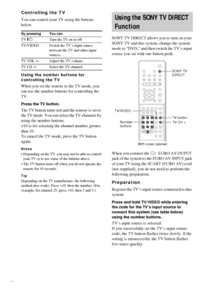 Page 6262GB
Controlling the TV
You can control your TV using the buttons 
below.
Using the number buttons for 
controlling the TV
When you set the remote to the TV mode, you 
can use the number buttons for controlling the 
TV.
Press the TV button.
The TV button turns red and the remote is set to 
the TV mode. You can select the TV channels by 
using the number buttons.
>10 is for selecting the channel number greater 
than 10.
To cancel the TV mode, press the TV button 
again.
Notes
 Depending on the TV, you...