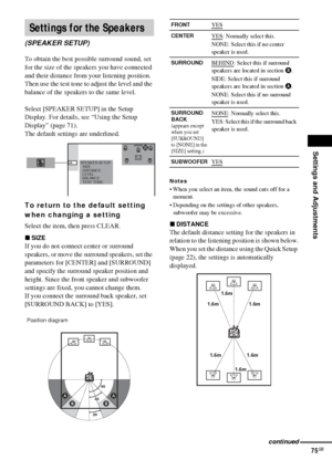 Page 75Settings and Adjustments
75GB
To obtain the best possible surround sound, set 
for the size of the speakers you have connected 
and their distance from your listening position. 
Then use the test tone to adjust the level and the 
balance of the speakers to the same level.
Select [SPEAKER SETUP] in the Setup 
Display. For details, see “Using the Setup 
Display” (page 71).
The default settings are underlined.
To return to the default setting 
when changing a setting
Select the item, then press CLEAR....