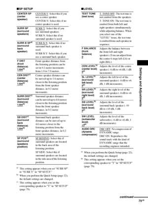 Page 79Settings and Adjustments
79GB
xSP SETUP
a)This setting appears when you set “SURR SP” 
to “SURR Y” in “SP SETUP.”
b)When you perform the Quick Setup (page 22), 
the default settings are changed.
c)This setting appears when you set the 
corresponding speaker to “Y” in “SP SETUP” 
(page 79).
xLEVEL
a)When you perform the Quick Setup (page 22), 
the default settings are changed.
b)This setting appears when you set the 
corresponding speaker to “Y” in “SP SETUP” 
(page 79).
CENTER SP 
(center 
speaker)CENTER...