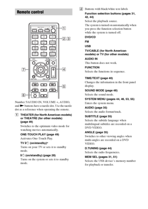 Page 1616GB
Number 5/AUDIO IN, VOLUME +, AUDIO, 
and N buttons have a tactile dot. Use the tactile 
dot as a reference when operating the remote.
ATHEATER (for North American models) 
or THEATRE (for other models) 
(page 49)
Switches to the optimum video mode for 
watching movies automatically.
ONE-TOUCH PLAY (page 49)
Activates One-Touch Play.
TV "/1 (on/standby)*
Turns on your TV or sets it to standby 
mode.
"/1 (on/standby) (page 28)
Turns on the system or sets it to standby 
mode.BButtons with...