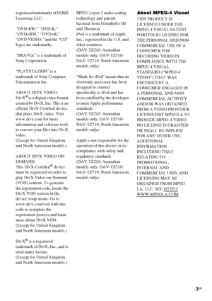 Page 33GB
registered trademarks of HDMI 
Licensing LLC.
“DVD-RW,” “DVD-R,” 
“DVD+RW,” “DVD+R,” 
“DVD VIDEO,” and the “CD” 
logos are trademarks.
“BRAVIA” is a trademark of 
Sony Corporation.
“PLAYSTATION” is a 
trademark of Sony Computer 
Entertainment Inc.
ABOUT DIVX VIDEO:
DivX
® is a digital video format 
created by DivX, Inc. This is an 
official DivX Certified device 
that plays DivX video. Visit 
www.divx.com for more 
information and software tools 
to convert your files into DivX 
video. 
(Except for...