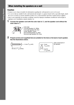 Page 2222GB
Getting Started
Caution
 Contact a screw shop or installer for information regarding the wall material or screws to be used.
 Use screws that are suitable for the wall material and strength. As a plaster board wall is especially fragile, attach 
the screws securely to a beam. Install the speakers on a vertical and flat wall where reinforcement is applied.
 Sony is not responsible for accidents or damage caused by improper installation, insufficient wall strength or 
improper screw installation,...