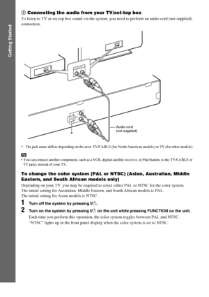 Page 2626GB
Getting Started
2 Connecting the audio from your TV/set-top box
To listen to TV or set-top box sound via the system, you need to perform an audio cord (not supplied) 
connection.
* The jack name differs depending on the area: TV/CABLE (for North American models) or TV (for other models).
Tip
 You can connect another component, such as a VCR, digital satellite receiver, or PlayStation, to the TV/CABLE or 
TV jacks instead of your TV.
To change the color system (PAL or NTSC) (Asian, Australian, Middle...