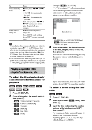 Page 3434GB
Tip
 When playing files, you can select the next folder by 
continuing to press > (c for JPEG image files) 
after the last file on the current folder, but you cannot 
return to the previous folder by pressing .(C for 
JPEG image files). To return to the previous folder, 
select the folder from the folder list.
 You cannot rotate the JPEG image file when you set 
[JPEG RESOLUTION] in [HDMI SETUP] to [(1920 
× 1080i) HD  ] or [(1920 × 1080i) HD] (page 58).
To select the title/chapter/track/...