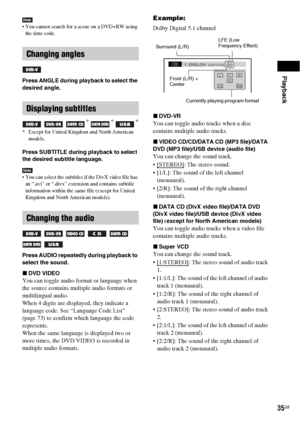 Page 35Playback
35GB
Note You cannot search for a scene on a DVD+RW using 
the time code.
Press ANGLE during playback to select the 
desired angle.
Press SUBTITLE during playback to select 
the desired subtitle language.
Note You can select the subtitles if the DivX video file has 
an “.avi” or “.divx” extension and contains subtitle 
information within the same file (except for United 
Kingdom and North American models).
Press AUDIO repeatedly during playback to 
select the sound.
xDVD VIDEO
You can toggle...
