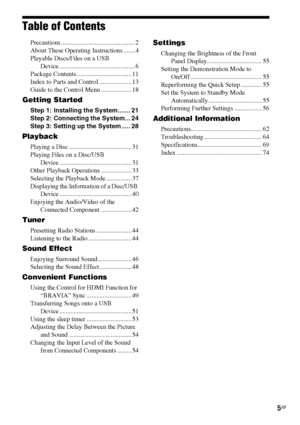 Page 55GB
Table of Contents
Precautions .............................................. 2
About These Operating Instructions ....... 4
Playable Discs/Files on a USB 
Device ............................................... 6
Package Contents .................................. 11
Index to Parts and Control .................... 13
Guide to the Control Menu ................... 18
Getting Started
Step 1: Installing the System....... 21
Step 2: Connecting the System... 24
Step 3: Setting up the System ..... 28...