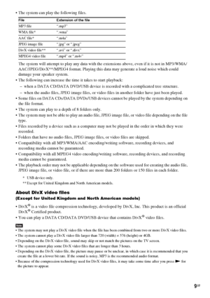 Page 99GB
 The system can play the following files.
The system will attempt to play any data with the extensions above, even if it is not in MP3/WMA/
AAC/JPEG/DivX**/MPEG4 format. Playing this data may generate a loud noise which could 
damage your speaker system.
 The following can increase the time it takes to start playback:
– when a DATA CD/DATA DVD/USB device is recorded with a complicated tree structure.
– when the audio files, JPEG image files, or video files in another folder have just been played....