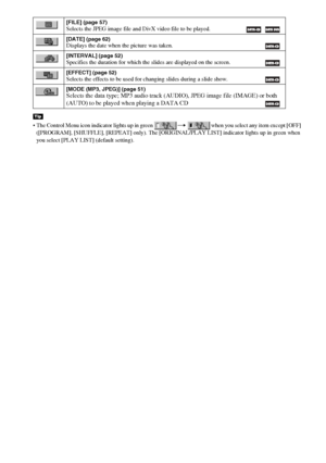 Page 1212GB
 The Control Menu icon indicator lights up in green   when you select any item except [OFF] 
([PROGRAM], [SHUFFLE], [REPEAT] only). The [ORIGINAL/PLAY LIST] indicator lights up in green when 
you select [PLAY LIST] (default setting).
[FILE] (page 57)Selects the JPEG image file and DivX video file to be played.  
[DATE] (page 62)Displays the date when the picture was taken.
[INTERVAL] (page 52)Specifies the duration for which the slides are displayed on the screen.
[EFFECT] (page 52)Selects the...
