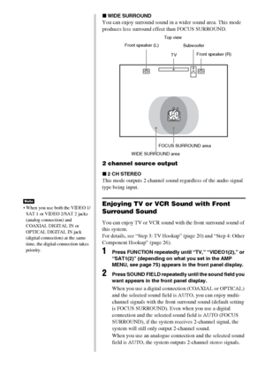 Page 4040GB
 When you use both the VIDEO 1/
SAT 1 or VIDEO 2/SAT 2 jacks 
(analog connection) and 
COAXIAL DIGITAL IN or 
OPTICAL DIGITAL IN jack 
(digital connection) at the same 
time, the digital connection takes 
priority.
Note
xWIDE SURROUND
You can enjoy surround sound in a wider sound area. This mode 
produces less surround effect than FOCUS SURROUND.
2 channel source output    
x2 CH STEREO
This mode outputs 2 channel sound regardless of the audio signal 
type being input. 
Enjoying TV or VCR Sound...