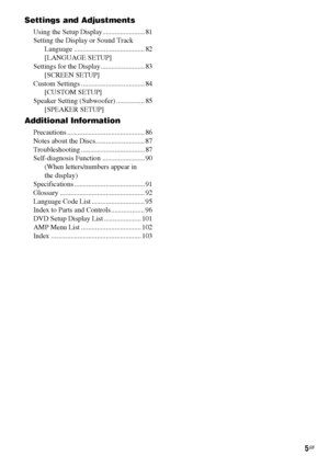 Page 55GB
Settings and Adjustments
Using the Setup Display........................ 81
Setting the Display or Sound Track 
Language ........................................ 82
[LANGUAGE SETUP]
Settings for the Display......................... 83
[SCREEN SETUP]
Custom Settings .................................... 84
[CUSTOM SETUP]
Speaker Setting (Subwoofer) ................ 85
[SPEAKER SETUP]
Additional Information
Precautions ............................................ 86
Notes about the...