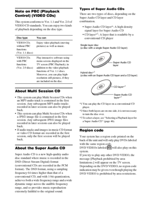 Page 88GB
Note on PBC (Playback 
Control) (VIDEO CDs)
This system conforms to Ver. 1.1 and Ver. 2.0 of 
VIDEO CD standards. You can enjoy two kinds 
of playback depending on the disc type.
About Multi Session CD
 This system can play Multi Session CDs when 
an MP3 audio track is contained in the first 
session. Any subsequent MP3 audio tracks 
recorded in later sessions can also be played 
back.
 This system can play Multi Session CDs when 
a JPEG image file is contained in the first 
session. Any subsequent...