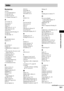 Page 103Additional Information
103GB
Numerics
16:9 83
4:3 LETTER BOX 83
4:3 OUTPUT 83
4:3 PAN SCAN 83
5.1 Channel Surround 72
A
A/V SYNC 55
Accessories 13
ALBUM 57
Album 92
AMP menu 55, 74, 75
AMP menu list 102
ANGLE 64
Antenna (aerial) Hookup 19
AU D I O 82
AUDIO DRC 74
B
BACKGROUND 83
Batteries 14
C
CHAPTER 57
Chapter 92
COMPONENT VIDEO OUT 
20
Connecting the AC power cord 
(mains lead) 29
Continuous play 44
Control Menu 10
Controlling the TV 69
CUSTOM 81
CUSTOM PARENTAL 
CONTROL 65
CUSTOM SETUP 84
D
DATA CD...