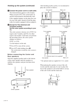 Page 1212GB
After hooking up the system, we recommend to
place the system as follows:
* The optional stands are supplied for U.S.A. model.
When placing the speakers on top of the sub
woofer and the main unit, be sure to place the
foot of the speakers to fit in the hollows on top
of the sub woofer and the main unit.
Front speaker
(Left)Front speaker
(Right) Sub woofer Main unit
Front speaker
(Left)Front speaker
(Right)
Sub wooferMain unit Optional stand (not supplied)*
Hooking up the system (continued)
Rear...