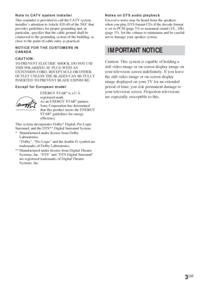 Page 33GB
Note to CATV system installerThis reminder is provided to call the CATV system
installer’s attention to Article 820-40 of the NEC that
provides guidelines for proper grounding and, in
particular, specifies that the cable ground shall be
connected to the grounding system of the building, as
close to the point of cable entry as practical.
NOTICE FOR THE CUSTOMERS IN
CANADA
CAUTION:
TO PREVENT ELECTRIC SHOCK, DO NOT USE
THIS POLARIZED AC PLUG WITH AN
EXTENSION CORD, RECEPTACLE OR OTHER
OUTLET UNLESS THE...