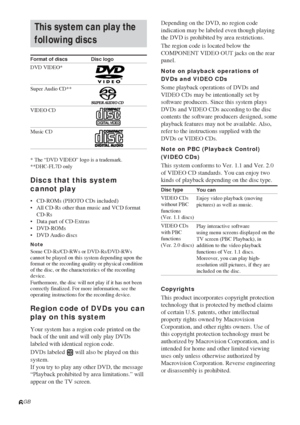 Page 66GB
This system can play the
following discs
Format of discs Disc logo
DVD VIDEO*
Super Audio CD**
VIDEO CD
Music CD
*The “DVD VIDEO” logo is a trademark.
**DHC-FL7D only
Discs that this system
cannot play
•CD-ROMs (PHOTO CDs included)
•All CD-Rs other than music and VCD format
CD-Rs
•Data part of CD-Extras
•DVD-ROMs
•DVD Audio discs
NoteSome CD-Rs/CD-RWs or DVD-Rs/DVD-RWs
cannot be played on this system depending upon the
format or the recording quality or physical condition
of the disc, or the...