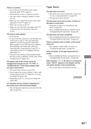 Page 6363GB
Troubleshooting
Tape Deck
The tape does not record.
•The tab has been removed from the cassette (see
“To save a tape permanently” on page 65).
•The tape has reeled to the end.
The tape does not record nor play, or there is a
decrease in sound level.
•The heads are dirty (see “Cleaning the tape
heads” on page 66).
•The record/playback heads are magnetized (see
“Demagnetizing the tape heads” on page 66).
The tape does not erase completely.
•The record/playback heads are magnetized (see
“Demagnetizing...