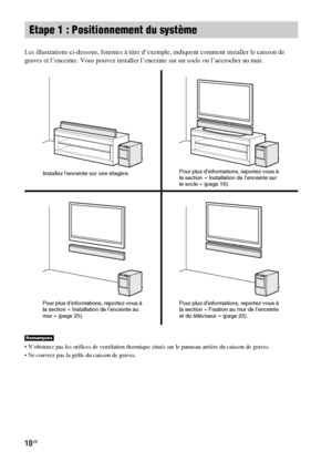 Page 11610FR
Les illustrations ci-dessous, fournies à titre d’exemple, indiquent comment installer le caisson de 
graves et l’enceinte. Vous pouvez installer l’enceinte sur un socle ou l’accrocher au mur.
 N’obstruez pas les orifices de ventilation thermique situés sur le panneau arrière du caisson de graves.
 Ne couvrez pas la grille du caisson de graves.
Etape 1 : Positionnement du système
Remarques
Installez l’enceinte sur une étagère.Pour plus d’informations, reportez-vous à 
la section « Installation de...