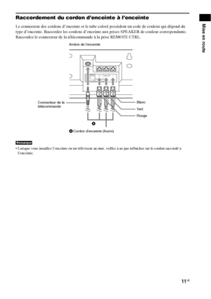 Page 11711FR
Mise en routeRaccordement du cordon d’enceinte à l’enceinte
Le connecteur des cordons d’enceinte et le tube coloré possèdent un code de couleur qui dépend du 
type d’enceinte. Raccordez les cordons d’enceinte aux prises SPEAKER de couleur correspondante.
Raccordez le connecteur de la télécommande à la prise REMOTE CTRL.
 Lorsque vous installez l’enceinte ou un téléviseur au mur, veillez à ne pas trébucher sur le cordon raccordé à 
l’enceinte.
Remarque
R REMOTE
CTRL
ONLY FOR SA-WCT500CENTER L
Arrière...