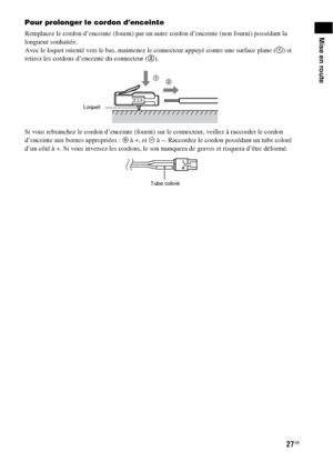 Page 13327FR
Mise en route
Pour prolonger le cordon d’enceinte
Remplacez le cordon d’enceinte (fourni) par un autre cordon d’enceinte (non fourni) possédant la 
longueur souhaitée.
Avec le loquet orienté vers le bas, maintenez le connecteur appuyé contre une surface plane (1) et 
retirez les cordons d’enceinte du connecteur (2).
Si vous rebranchez le cordon d’enceinte (fourni) sur le connecteur, veillez à raccorder le cordon 
d’enceinte aux bornes appropriées : 3 à +, et # à –. Raccordez le cordon possédant un...