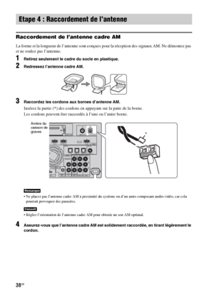 Page 14438FR
Raccordement de l’antenne cadre AM
La forme et la longueur de l’antenne sont conçues pour la réception des signaux AM. Ne démontez pas 
et ne roulez pas l’antenne.
1Retirez seulement le cadre du socle en plastique.
2Redressez l’antenne cadre AM.
3Raccordez les cordons aux bornes d’antenne AM.
Insérez la partie (*) des cordons en appuyant sur la patte de la borne.
Les cordons peuvent être raccordés à l’une ou l’autre borne.
 Ne placez pas l’antenne cadre AM à proximité du système ou d’un autre...