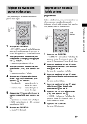 Page 16761FR
Fonctions du son surround
Vous pouvez régler aisément le niveau des 
graves et des aigus.
1Appuyez sur GUI MENU.
« GUI MENU » apparaît sur l’affichage du 
panneau frontal du caisson de graves et le 
menu GUI apparaît sur l’écran du téléviseur.
2Appuyez plusieurs fois sur X/x pour 
sélectionner [Settings], puis appuyez 
sur   ou sur c.
Le menu des paramètres s’affiche.
3Appuyez plusieurs fois sur X/x pour 
sélectionner [Tone], puis appuyez sur 
.
Le menu des tonalités s’affiche.
4Appuyez sur X/x pour...