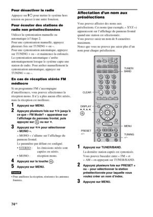 Page 18074FR
Pour désactiver la radio
Appuyez sur "/1 pour mettre le système hors 
tension ou passer à une autre fonction.
Pour écouter des stations de 
radio non présélectionnées
Utilisez la syntonisation manuelle ou 
automatique à l’étape 2. 
Pour une syntonisation manuelle, appuyez 
plusieurs fois sur TUNING + ou –.
Pour une syntonisation automatique, appuyez 
sur TUNING + ou – et maintenez-la enfoncée. 
La syntonisation automatique s’arrête 
automatiquement lorsque le système capte une 
station de radio....