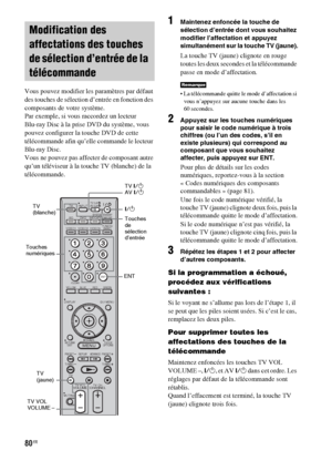 Page 18680FR
Vous pouvez modifier les paramètres par défaut 
des touches de sélection d’entrée en fonction des 
composants de votre système.
Par exemple, si vous raccordez un lecteur 
Blu-ray Disc à la prise DVD du système, vous 
pouvez configurer la touche DVD de cette 
télécommande afin qu’elle commande le lecteur 
Blu-ray Disc.
Vous ne pouvez pas affecter de composant autre 
qu’un téléviseur à la touche TV (blanche) de la 
télécommande.
1Maintenez enfoncée la touche de 
sélection d’entrée dont vous souhaitez...