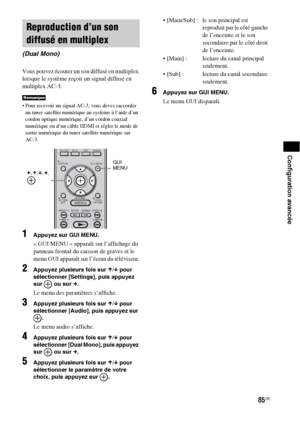 Page 19185FR
Configuration avancée
Vous pouvez écouter un son diffusé en multiplex 
lorsque le système reçoit un signal diffusé en 
multiplex AC-3.
 Pour recevoir un signal AC-3, vous devez raccorder 
un tuner satellite numérique au système à l’aide d’un 
cordon optique numérique, d’un cordon coaxial 
numérique ou d’un câble HDMI et régler le mode de 
sortie numérique du tuner satellite numérique sur 
AC-3.
1Appuyez sur GUI MENU.
« GUI MENU » apparaît sur l’affichage du 
panneau frontal du caisson de graves et...