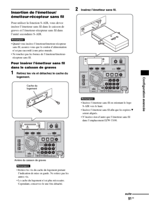 Page 19791FR
Configuration avancée
Insertion de l’émetteur/
émetteur-récepteur sans fil
Pour utiliser la fonction S-AIR, vous devez 
insérer l’émetteur sans fil dans le caisson de 
graves et l’émetteur-récepteur sans fil dans 
l’unité secondaire S-AIR.
 Quand vous insérez l’émetteur/émetteur-récepteur 
sans fil, assurez-vous que le cordon d’alimentation 
n’est pas raccordé à une prise murale.
 Ne touchez pas les bornes de l’émetteur/émetteur-
récepteur sans fil.
Pour insérer l’émetteur sans fil 
dans le caisson...