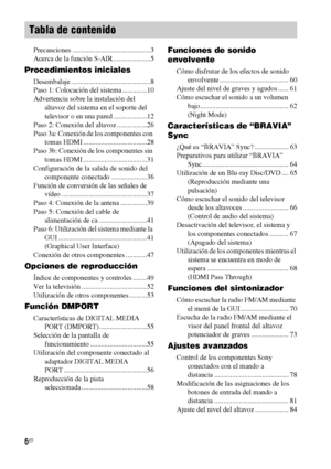 Page 2266ES
Precauciones ............................................3
Acerca de la función S-AIR .....................5
Procedimientos iniciales
Desembalaje .............................................8
Paso 1: Colocación del sistema ..............10
Advertencia sobre la instalación del 
altavoz del sistema en el soporte del 
televisor o en una pared ...................12
Paso 2: Conexión del altavoz .................26
Paso 3a: Conexión de los componentes con 
tomas HDMI...