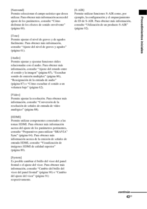 Page 26343ES
Procedimientos iniciales
[Surround]
Permite seleccionar el campo acústico que desea 
utilizar. Para obtener más información acerca del 
ajuste de los parámetros, consulte “Cómo 
disfrutar de los efectos de sonido envolvente” 
(página 60).
[Tone]
Permite ajustar el nivel de graves y de agudos 
fácilmente. Para obtener más información, 
consulte “Ajuste del nivel de graves y agudos” 
(página 61).
[Audio]
Permite ajustar y ejecutar funciones útiles 
relacionadas con el audio. Para obtener más...