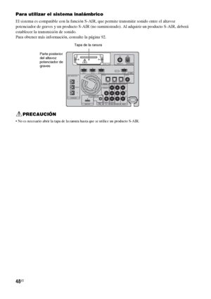 Page 26848ES
Para utilizar el sistema inalámbrico
El sistema es compatible con la función S-AIR, que permite transmitir sonido entre el altavoz 
potenciador de graves y un producto S-AIR (no suministrado). Al adquirir un producto S-AIR, deberá 
establecer la transmisión de sonido.
Para obtener más información, consulte la página 92.
PRECAUCIÓN
 No es necesario abrir la tapa de la ranura hasta que se utilice un producto S-AIR.
EZW-T100 ANTENNA
HDMI
SPEAKERTV OUTSAT/CATV INDV D  I N
CENTER ONLY FOR SS-CT500...