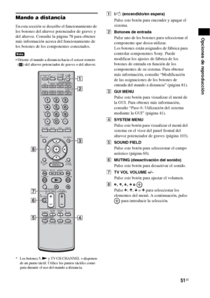 Page 27151ES
Opciones de reproducción
Mando a distancia
En esta sección se describe el funcionamiento de 
los botones del altavoz potenciador de graves y 
del altavoz. Consulte la página 78 para obtener 
más información acerca del funcionamiento de 
los botones de los componentes conectados.
 Oriente el mando a distancia hacia el sensor remoto 
( ) del altavoz potenciador de graves o del altavoz.
* Los botones 5, N y TV CH CHANNEL + disponen 
de un punto táctil. Utilice los puntos táctiles como 
guía durante el...