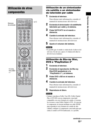 Page 27353ES
Opciones de reproducción
Utilización de un sintonizador 
vía satélite o un sintonizador 
de televisión por cable
1Encienda el televisor.
Para obtener más información, consulte el 
manual de instrucciones del televisor.
2Encienda el sintonizador vía satélite/de 
televisión por cable y el sistema.
3Pulse SAT/CATV en el mando a 
distancia.
4Cambie la entrada del televisor. 
Para obtener más información, consulte el 
manual de instrucciones del televisor.
5Ajuste el volumen del sistema.
 Es posible que...