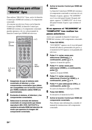 Page 28464ES
Para utilizar “BRAVIA” Sync, active la función 
Control por HDMI del sistema y el componente 
conectado.
Al conectar un televisor Sony con la función 
Control por HDMI, la función Control por 
HDMI del sistema y el componente conectado 
pueden ajustarse a la vez seleccionando la 
función Control por HDMI del televisor.
1Asegúrese de que el sistema está 
conectado al televisor y a los 
componentes conectados (que deben 
ser compatibles con la función Control 
por HDMI) mediante cables HDMI (no...