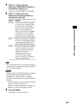 Page 28969ES
Características de “BRAVIA” Sync
4Pulse X/x varias veces para 
seleccionar [HDMI Pass Through] y, a 
continuación, pulse   o c.
Aparece el menú [HDMI Pass Through].
5Pulse X/x varias veces para 
seleccionar el ajuste que desee y, a 
continuación, pulse  .
 Si se selecciona [AUTO], es posible que la imagen y 
el sonido tarden un poco más en emitirse al televisor 
que si se selecciona [ON].
 Cuando se utiliza la función Reproducción mediante 
una pulsación con un componente conectado 
compatible con...