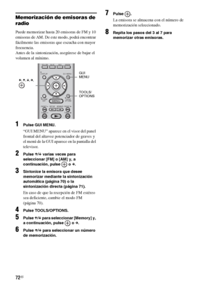 Page 29272ES
Memorización de emisoras de 
radio
Puede memorizar hasta 20 emisoras de FM y 10 
emisoras de AM. De este modo, podrá encontrar 
fácilmente las emisoras que escucha con mayor 
frecuencia.
Antes de la sintonización, asegúrese de bajar el 
volumen al mínimo.
1Pulse GUI MENU.
“GUI MENU” aparece en el visor del panel 
frontal del altavoz potenciador de graves y 
el menú de la GUI aparece en la pantalla del 
televisor.
2Pulse X/x varias veces para 
seleccionar [FM] o [AM] y, a 
continuación, pulse   o c....