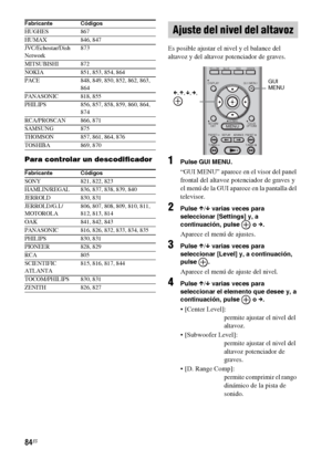 Page 30484ES
Para controlar un descodificador
Es posible ajustar el nivel y el balance del 
altavoz y del altavoz potenciador de graves.
1Pulse GUI MENU.
“GUI MENU” aparece en el visor del panel 
frontal del altavoz potenciador de graves y 
el menú de la GUI aparece en la pantalla del 
televisor.
2Pulse X/x varias veces para 
seleccionar [Settings] y, a 
continuación, pulse   o c.
Aparece el menú de ajustes.
3Pulse X/x varias veces para 
seleccionar [Level] y, a continuación, 
pulse .
Aparece el menú de ajuste...