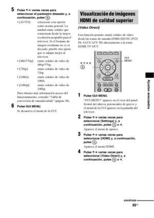 Page 30989ES
Ajustes avanzados
5Pulse X/x varias veces para 
seleccionar el parámetro deseado y, a 
continuación, pulse  .
 [AUTO]: seleccione esta opción 
como norma general. La 
unidad emite señales que 
comienzan desde la mayor 
resolución aceptable para el 
televisor. Si el formato de 
imagen resultante no es el 
deseado, pruebe otro ajuste 
que se adapte mejor al 
televisor.
 [480/576p]: emite señales de vídeo de 
480p/576p.
 [720p]: emite señales de vídeo de 
720p.
 [1080i]: emite señales de vídeo de...