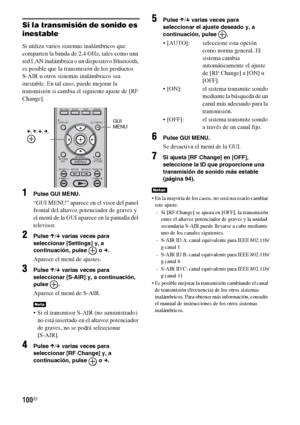 Page 320100ES
Si la transmisión de sonido es 
inestable
Si utiliza varios sistemas inalámbricos que 
comparten la banda de 2,4 GHz, tales como una 
red LAN inalámbrica o un dispositivo Bluetooth, 
es posible que la transmisión de los productos 
S-AIR u otros sistemas inalámbricos sea 
inestable. En tal caso, puede mejorar la 
transmisión si cambia el siguiente ajuste de [RF 
Change].
1Pulse GUI MENU.
“GUI MENU” aparece en el visor del panel 
frontal del altavoz potenciador de graves y 
el menú de la GUI aparece...