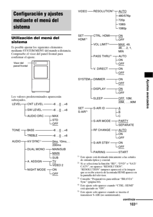 Page 323103ES
Ajustes avanzados
Utilización del menú del 
sistema
Es posible ajustar los siguientes elementos 
mediante SYSTEM MENU del mando a distancia.
Compruebe el visor del panel frontal para 
confirmar el ajuste.
Los valores predeterminados aparecerán 
subrayados.
1)Este ajuste está destinado únicamente a las señales 
de entrada óptica y coaxial.
2)Si se selecciona la función “BD”, “DVD” o “SAT/
CATV”, no aparece “RESOLUTION”. 
“RESOLUTION” tampoco aparecerá si la imagen 
que se recibe a través de la...