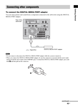 Page 4545US
Getting Started
To connect the DIGITAL MEDIA PORT adapter
You can enjoy picture and sound from a component connected to the subwoofer using the DIGITAL 
MEDIA PORT adapter.
 Do not connect or disconnect the DIGITAL MEDIA PORT adapter while the system is turned on.
 When you connect the DIGITAL MEDIA PORT adapter, be sure the connector is inserted with the arrow mark 
facing toward the arrow mark on the DMPORT jack. To detach the DIGITAL MEDIA PORT adapter, press and 
hold 
A and then pull out the...